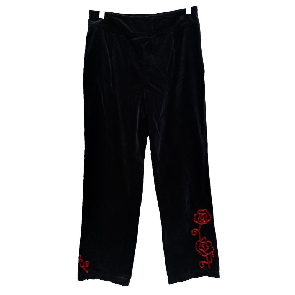Y2K Hanna Anderson Flare‎ Pants Womens Size 12 Black Floral Velvet Holiday BOHO